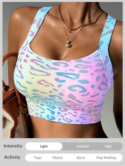 Sujetador deportivo con estampado de leopardo arcoíris soñador, con espalda cruzada, dulce y fresco, llamativo, con soporte estable, adecuado para fitness y ropa de calle, con un diseño de color degradado lleno de un sentido de nicho.