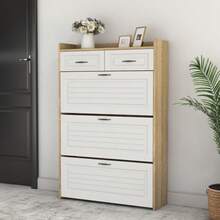 Shoe Cabinet With Rotating Shoe Rack, Consisting Of Three Large Doors And Two Drawers, Wooden Shoe Cabinet, Shoe Rack, Suitable For Entrance Areas And Living Rooms, W80/D23.5/H131cm (N657P28633233N) - Natural Color - View 3