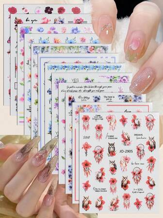 3 Sheets Floral Nail Art Stickers, Watercolor Flowers & Butterfly Nail Decals, Self-Adhesive Spring Summer Botanical Manicure Decorations