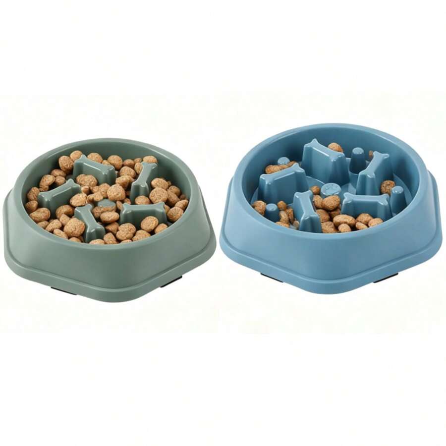 2PCS Small Dog & Cat Slow Feeder Bowl - Plastic Anti-Gulping Puzzle Design Pet Bowl - 綠+藍色 - 查看 1