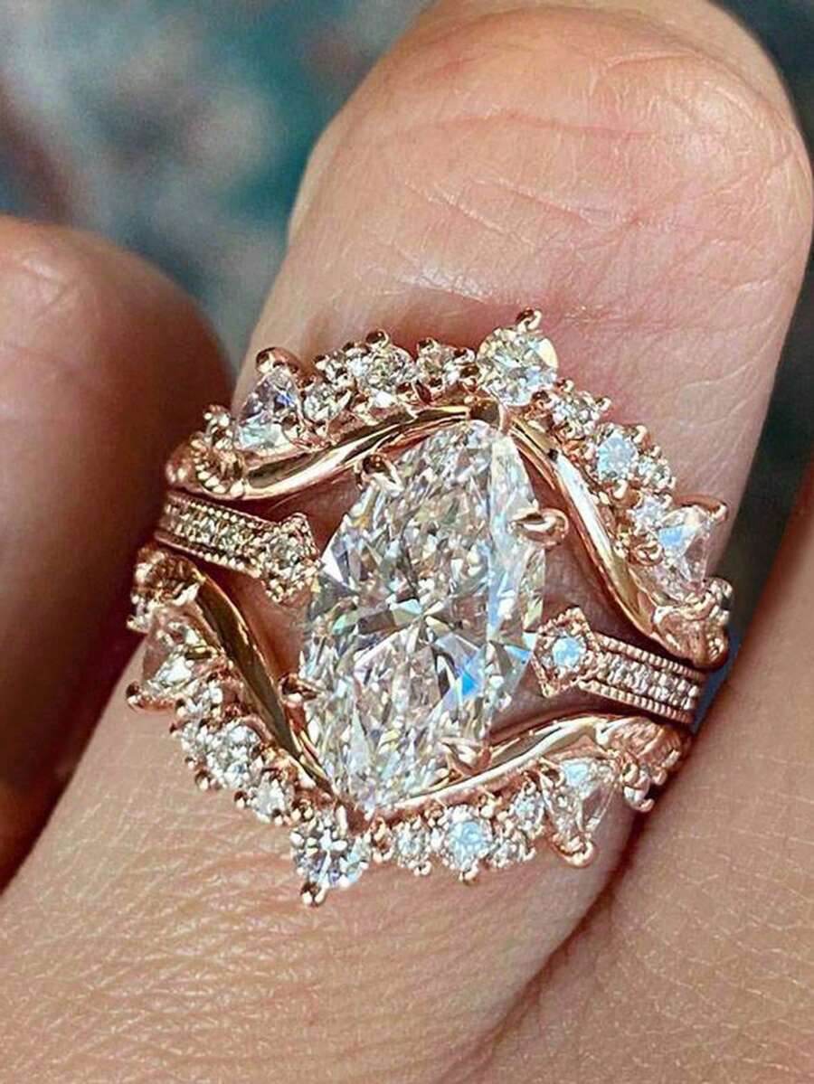 3 件/套华丽方晶锆石戒指套装,适合女士结婚订婚周年纪念珠宝情人节礼物、妈妈、母亲、母亲节、礼物 - 金黃色 - 查看 1