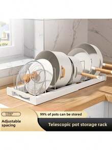 1pc Expandable Kitchen Drawer Organizer, Pull-Out Design To Save Space, With Adjustable Pot Lid Rack, Efficient Storage For Utensils On Countertop And In Cabinets - Beige - View 3