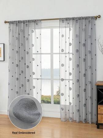 1 pieza/2 piezas Cortina de voile gris con burbujas, cortina transparente con bordado delicado, decoración de ventana del hogar semi-transparente, decoración diaria de la habitación