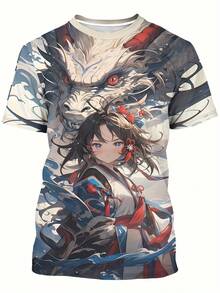Men's Anime-Inspired 3D Dragon& Girl Print T-Shirt- Quick-Dry, Comfortable Polyester, Casual Round Neck Short Sleeve Tee With Vibrant Colors For Summer Wear, Casual Summer Tee | Dragon Print Shirt | Quickdry Polyester, Anime T Shirt, PLUS SIZE - Màu sắc hỗn hợp - Xem 1