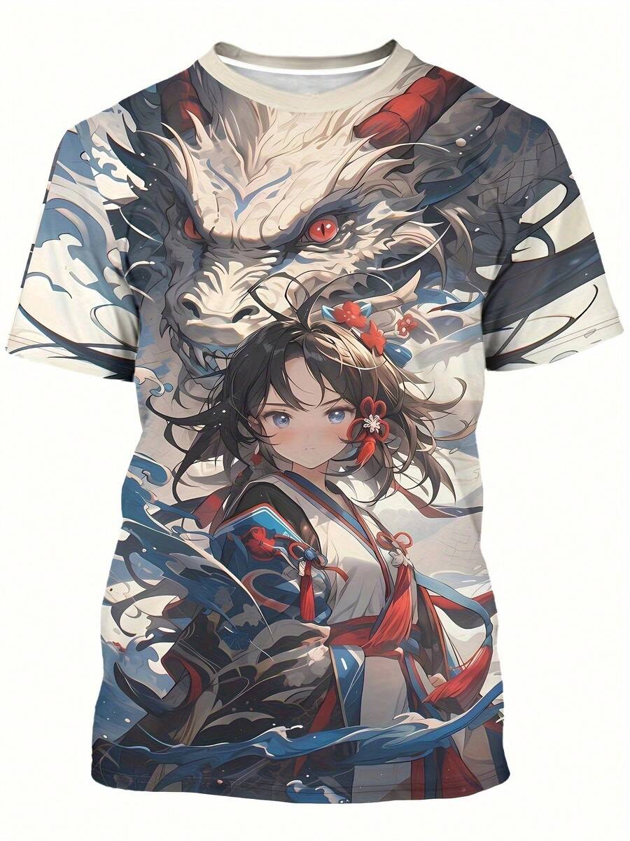Men's Anime-Inspired 3D Dragon& Girl Print T-Shirt- Quick-Dry, Comfortable Polyester, Casual Round Neck Short Sleeve Tee With Vibrant Colors For Summer Wear, Casual Summer Tee | Dragon Print Shirt | Quickdry Polyester, Anime T Shirt, PLUS SIZE - Màu sắc hỗn hợp - Xem 1