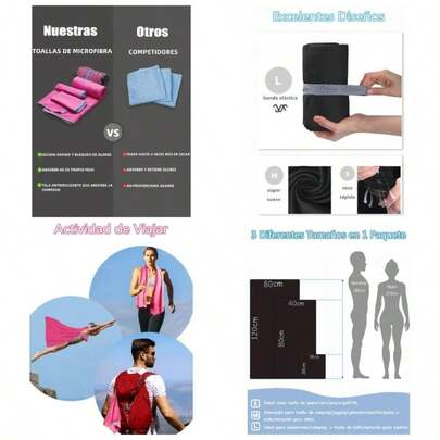 3 Pzas Toalla de Microfibra, Toalla Deportiva Sper Absorbente de Secado Rpido, Toalla Suave, Ligera y Portil, Toalla para Natacin, Bao, Viajes, Deporte, Playa Alberca con 1 Blosa Negro