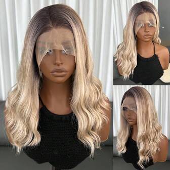Kanekalon Futura Hair 13x4 Synthetic Lace Front Bob Wigs Pre-Plucked Short Wave Ombre Highlight Blonde Mixed Color For Women 16 Inch Wavy Glueless Kanekalon Hair Resistant Synthetic Hair Wigs Free Part 150% Density Glueless Lace Front Synthetic Wigs Wave Hair Ready To Wear Synthetic Wigs For Daily Party Festival Holiday Performer Use