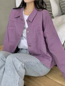 Chaqueta de mujer Novedades de la colección primavera: chaqueta vaquera morada holgada y corta para mujer Top informal vintage estilo Hong Kong Chaqueta vaquera morada holgada con cuello, botones en la parte delantera y bolsillos para mujer - Morado - Ver 8