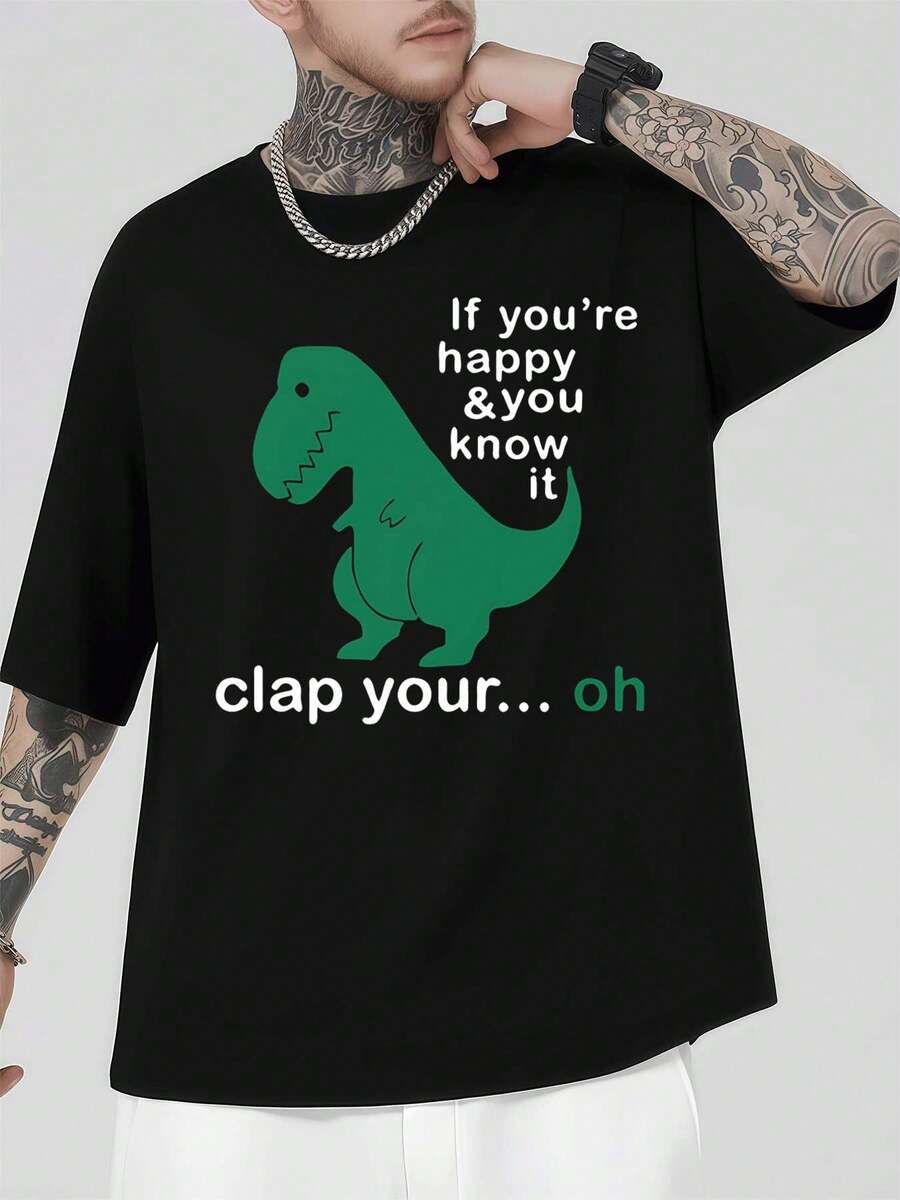 Camiseta con estampado de dinosaurio, cuello redondo, corte holgado, hip hop callejero, corte relajado, estampado artístico - Negro - Ver 1