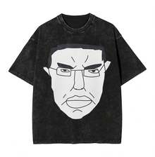 Chudjak Chud Face Meme T Shirts Hip Hop Washed Short Sleeve High Street T-Shirt Vintage For Men Women Streetwear Printed Tees - 黑色 - 查看 1