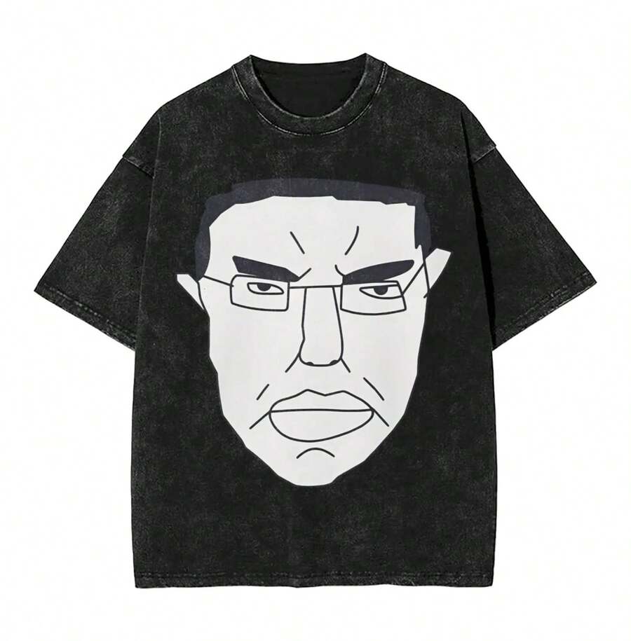 Chudjak Chud Face Meme T Shirts Hip Hop Washed Short Sleeve High Street T-Shirt Vintage For Men Women Streetwear Printed Tees - 黑色 - 查看 1