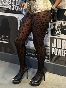 女士黑色豹纹紧身裤和长筒袜 - 动物图案紧身裤，狂野设计连裤袜，适合派对和夜生活 - 黑色 - 查看 3