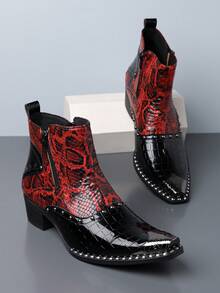 1 Pair Men's Studded Dual-Tone Snake Print Pointed Toe High-Top PU Chelsea Boots With Rubber Sole, Casual Everyday Wear - Red - View 1