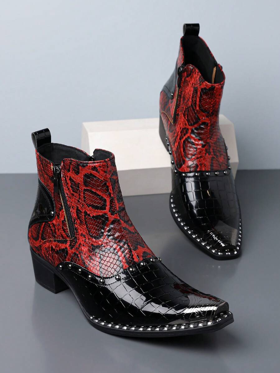 1 Pair Men's Studded Dual-Tone Snake Print Pointed Toe High-Top PU Chelsea Boots With Rubber Sole, Casual Everyday Wear - Red - View 1