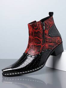 1 Pair Men's Studded Dual-Tone Snake Print Pointed Toe High-Top PU Chelsea Boots With Rubber Sole, Casual Everyday Wear - Red - View 13