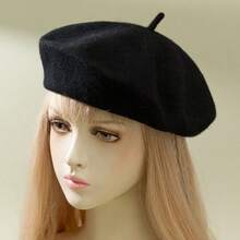 1pc Ladies' Solid Color Wool Beret With Flat Top, Japanese Style & Elegant, Suitable For Daily Wear And Shopping Vintage Casual Winter Fall - 玫紅色 - 查看 2
