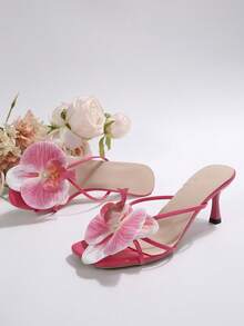 Giày cao gót mũi nhọn họa tiết hoa mùa hè, sandal cao gót lưới kiểu Pháp thời trang, phù hợp cho hẹn hò, mua sắm, đi làm, công sở, tiệc tùng, giày cao gót kiểu "mèo con". - Màu Hồng Tươi - Xem 5