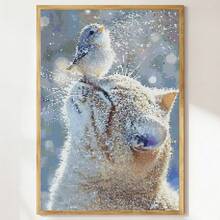 Kit de peinture à diamant rond 5D pleine perçage, mosaïque d'art broderie d'un chat mignon et d'un oiseau, décoration de maison, cadeau de fête, canevas à l'huile, fournitures de peinture de diamant - Multicolore - Voir 2