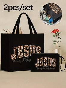 Black Linen Handbag+Handbag Set, With Leopard Print Jesus Pattern Print Design,Religious Cross Pattern Shoulder Bag & Wallet,Lightweight Casual Bohemian Style, Two Pieces Women's Christian Purse Gift Set, Bohemian Church Festival Bible Study, Lightweight Casual Travel Tote,Church Bible Study Festival Accessories, Easter Christmas Gift Idea,Thanksgiving Gifts - Multicolor - View 1