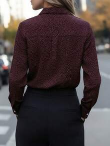 Women's Fashion Wine Red Polka Dot Print Polyester Shirt, Long Regular Sleeve, Shirt Collar, Button Placket - Redwood - View 2