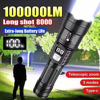 KENSUN 1pc High Power Long Range LED Flashlight Tactical Light LCD Power Display USB Rechargeable Light Telescopic Zoom Torch Camping Lantern