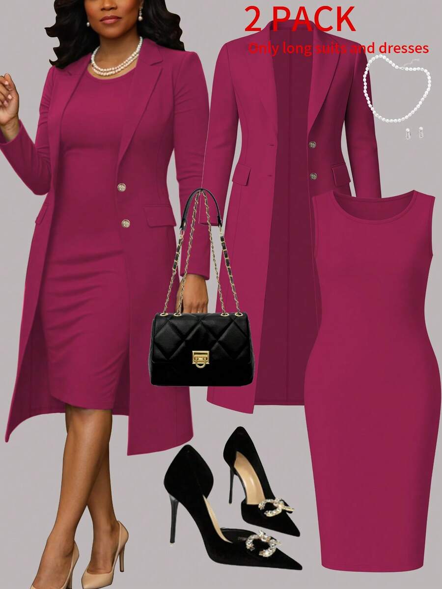 Conjunto elegante de 2 piezas para mujer, chaqueta de cárdigan de manga larga de unicolor + vestido midi sin mangas, adecuado para primavera, otoño e invierno - Rosa Roja 13 - Ver 1