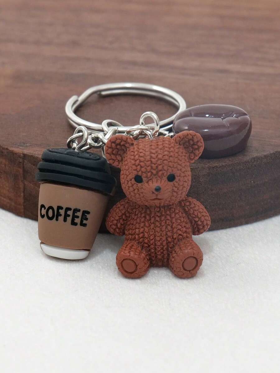 1 pieza Llavero de oso de peluche marrón lindo - Llavero con forma de oso de resina, grano de café, taza de café con anillo de metal - Regalo de cumpleaños, regalo para amantes del café, recuerdo de fiesta, decoración de billetera y cuaderno - Accesorio de moda para mujeres, diseño divertido, anillo de metal duradero, se puede usar como adorno de bolso, regalo para auto, maestro, amigos, hermanas, regalos para madre, padre, graduación y maestro