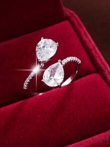 1pc Fashionable Geometric Water Drop Shaped Criss-Cross Artificial Zirconia Adjustable Ring For Women - Multicolor - View 15