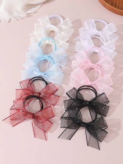 2pcs Fashionable Sweet Rhinestone Mesh Bow Hair Ties Set, Versatile Daily & Party Accessories For Girls
