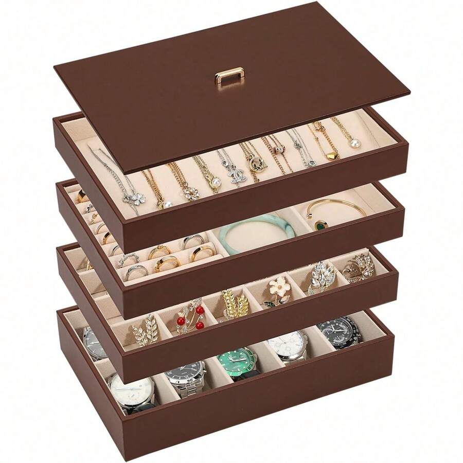 GlossyPop Stackable Jewelry Organizer Tray With Lid, PU Leather Jewelry Storage Holder For Drawer Inserts, Jewellery Display Box Case For Earring Necklace Ring Watch Bracelet (Set Of 4, Black) - 焦糖布朗 - 查看 1