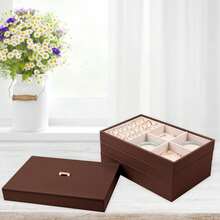 GlossyPop Stackable Jewelry Organizer Tray With Lid, PU Leather Jewelry Storage Holder For Drawer Inserts, Jewellery Display Box Case For Earring Necklace Ring Watch Bracelet (Set Of 4, Black) - 焦糖布朗 - 查看 4
