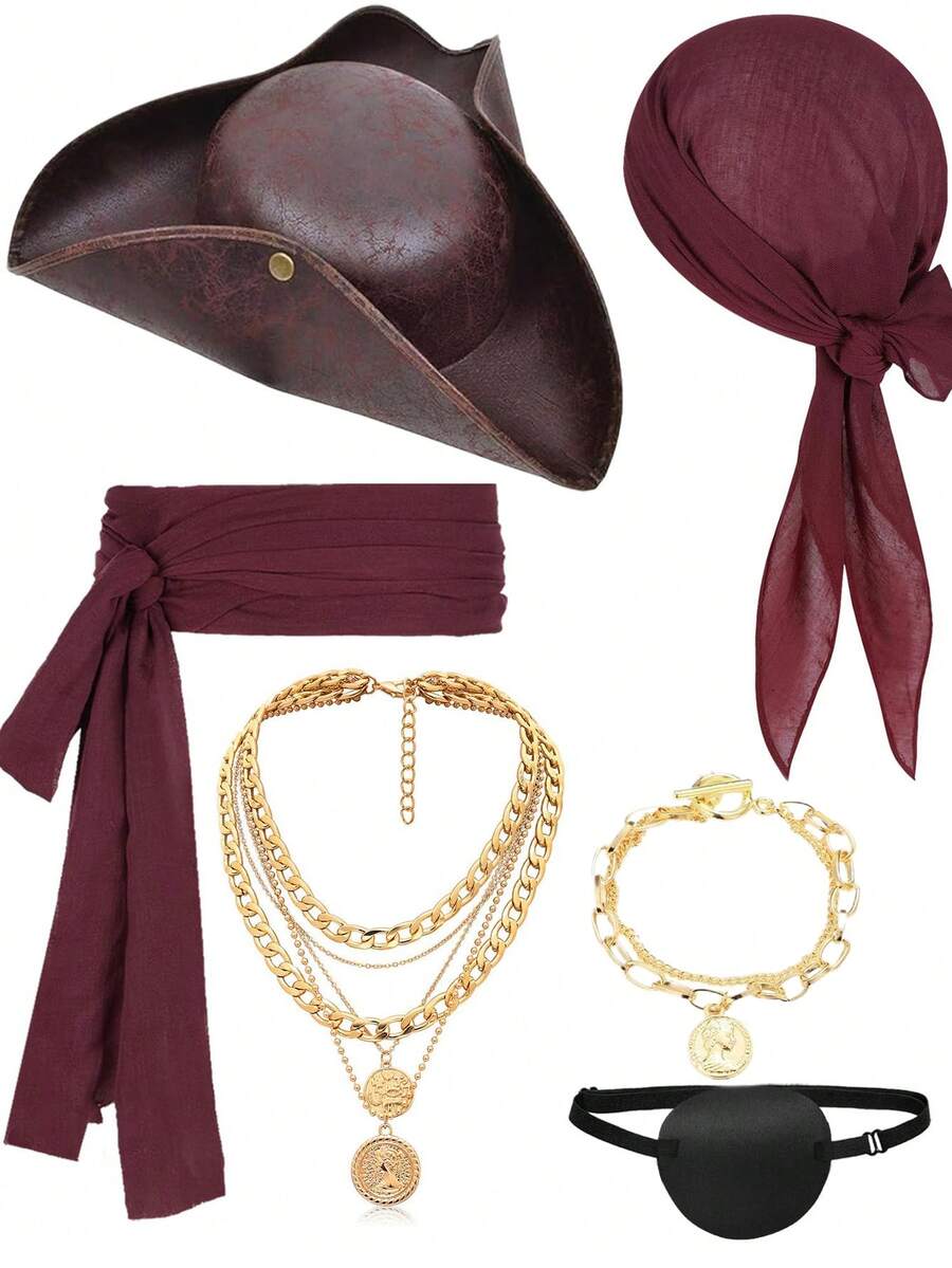 5/6 Pcs Pirate Costume Accessories Set For Women Men, Pirate Fancy Dress With Hat Bandana Head Scarf Sash Eye Patch Belt Necklace Bracelet For Cosplay Party