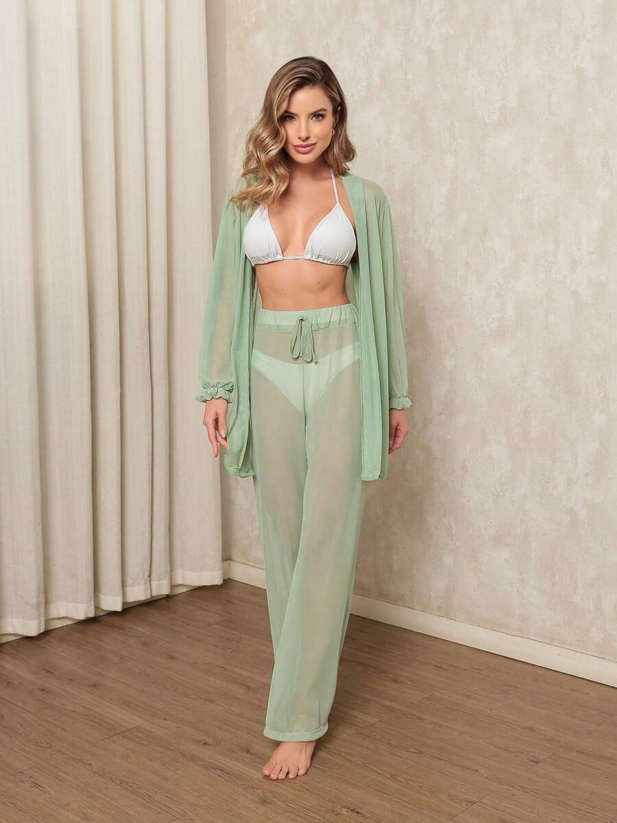Printed Tulle Beach Cover-Up Set, Shirt And Pants. - Verde claro - Ver 1