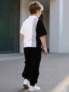 Tween Boy Cartoon Print Polo Shirt And Pants Set - White - View 2