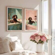 趣味腊肠犬洗澡主题墙饰两件套，腊肠犬图案，浴室装饰画，腊肠犬泡澡，狗狗鸡尾酒海报，腊肠犬洗澡艺术画，狗狗喝酒海报，家居装饰客厅，墙面装饰，无框 - 彩色 - 查看 3