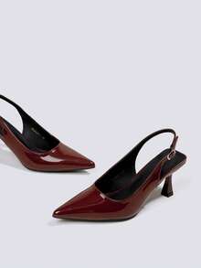 Women's Burgundy Formal Patent Leather High Heel Pumps, Pointed Toe Slingback High Heel Sandals With Buckle And Ankle Strap - Burgundy - View 3
