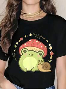 Cute Frog With Mushroom And Snail Design T Shirt For Women Forest Themed Cartoon Animal Print Casual Summer Top Nature InspiRED1 Graphic Tee - màu đen - Xem 1