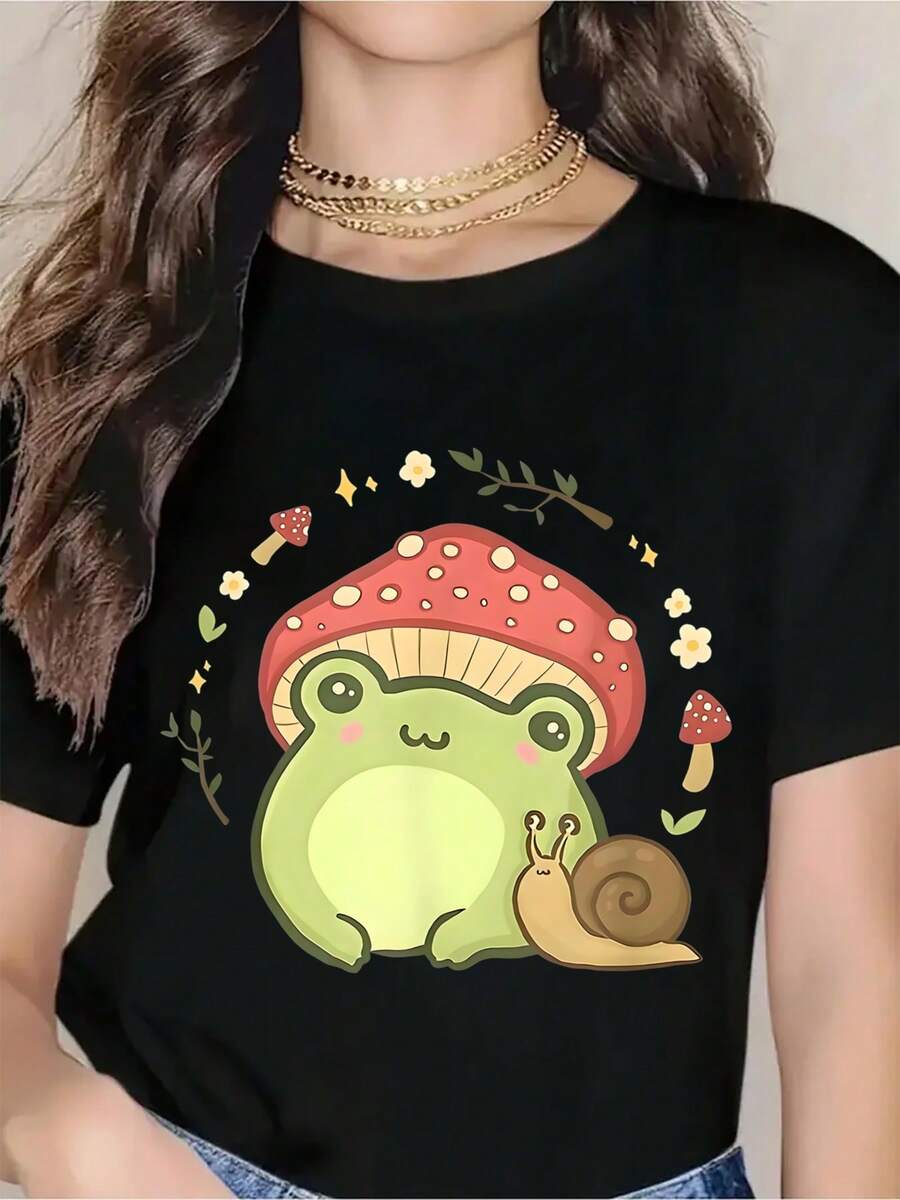 Cute Frog With Mushroom And Snail Design T Shirt For Women Forest Themed Cartoon Animal Print Casual Summer Top Nature InspiRED1 Graphic Tee - màu đen - Xem 1