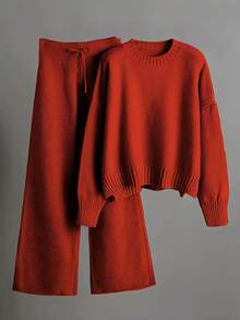 2pcs/Set Solid Color Crew Neck Long Sleeve Top And Pants Casual Outfit Fall Winter Cloth For Women Women'S Oversized Round Neck Sweater & Wide-Leg Pants Two-Piece Set - Soft Beige Casual Elegant Outfit, Drop Shoulder Long Sleeve Pullover With Ribbed Texture, Loose Fit Trousers Fall Winter Warmth, Cozy Everyday To Semi-Formal Wear, Sweaters Women, Sweater Dresses Women, Sweater Set Women Conjunto De Mujer Conjuntos Mujer Two Piece Set Women Buscar Christmas Outfit Women Winter Clothes For Women Vestido De Mujer Conjuntos Elegantes De Mujer Conjuntos Elegantes Winter Clothes For Women Christmas Outfit Women New Years Outfit Women Vacation Outfits Women Ropa De Invierno Mujer Dresses For Women Elegant Christmas Outfit - Đỏ - Xem 1