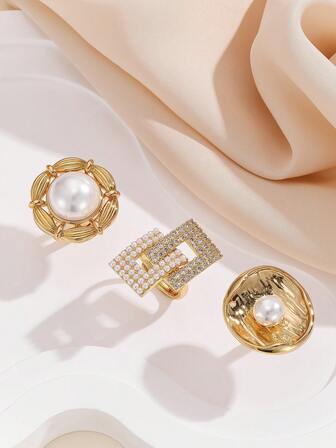 1枚极简主义夸张日常铜镀金戒指，优雅珍珠装饰首饰，百搭高端美学，风格