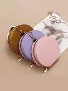 迷你零钱包、口红盒、拉链钥匙包、皮革拉链收纳包、小型挂袋、卡包 - 圆形拉链零钱包、多功能卡包钥匙扣，可装口红、化妆海绵、粉饼等 - 彩色 - 查看 4