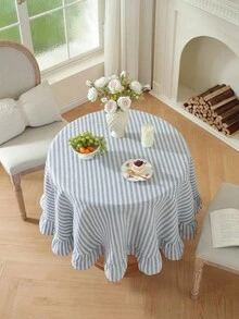 1pc Japanese Style Solid Color Rattan Lotus Edge Round Tablecloth, Woven Fabric, Suitable For Small Gardens, Outdoor Cafes, Kitchens, Bedrooms, All-Season Dining Table Decor - Yarn-dyed Rice Stripe Ruffles - View 2