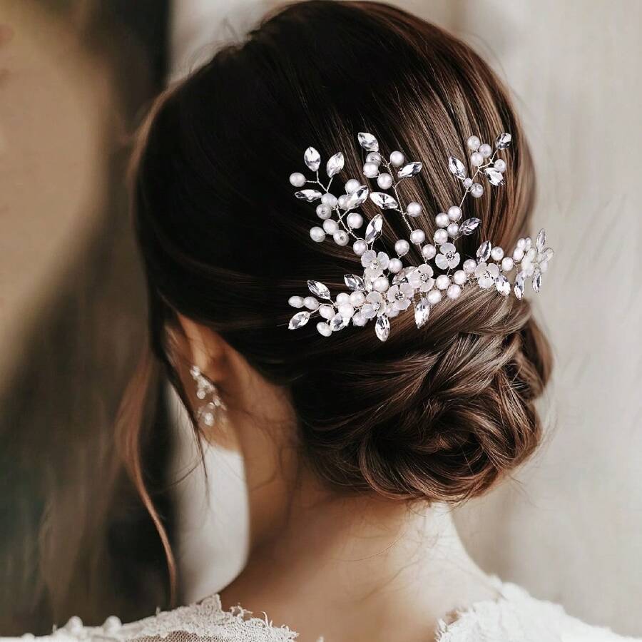 1pc Elegant Handmade Faux Pearl Leaf Bridal Hair Comb, Minimalist & Chic For Wedding, Party, Banquet - Silver - View 1
