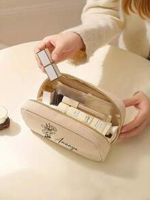 Customizable Makeup Bag/Storage Bag, Minimalist Rectangular Corduroy Makeup Bag With Floral Pattern, Can Customize Name, Storage Pouch, Zipper Travel Cosmetic Organizer Bag, Portable Handbag, Large Capacity Women's Travel Makeup Bag, 5 Color Options, Gift For Women, Girlfriend, Best Friend