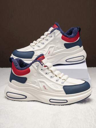 Men's Casual Sports Shoes, New Autumn/Winter Plush Lining, Warm Outdoor Fashion Versatile Sports Thick Sole Campus Student Shoes, Daily Commute Casual Walking Colorblock Elastic Design Fleece Winter Shoes