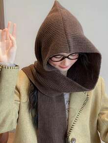 1件装女士羊毛拉法帽，带抽绳可拆卸颈套，针织面罩帽，适合户外滑雪，冬季保暖