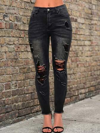 Women's Casual Sexy Long Skinny Denim Jeans With Button Details And Medium Stretch, Distressed Design