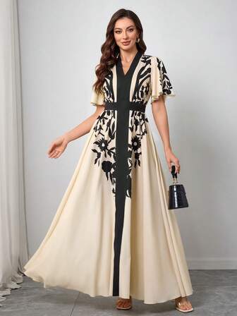 优雅印花撞色V领荷叶袖腰带连衣裙，度假风