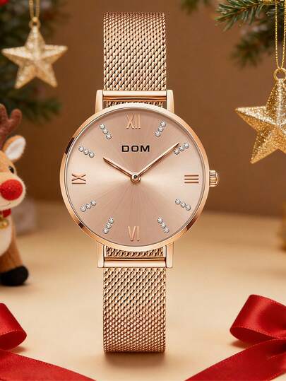 DOM 1 件玫瑰金女士休闲腕表，混合刻度圆形表盘，防水石英机芯，适合日常佩戴或装饰，节日送友佳品