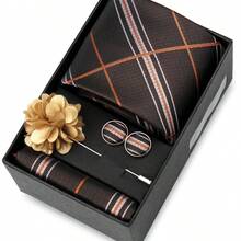 男士正式婚礼领带套装，涤纶面料领带，口袋巾，袖扣，胸针礼盒套装，金色格子图案 - 混色 - 查看 60